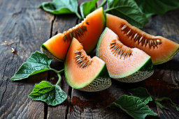 Fresh Cut Cantaloupe Slices on Wooden Table