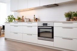 a kitchen with white cabinets and a stove