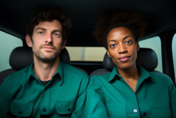 un homme et une femme en chemises vertes assises dans une voiture