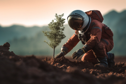 une personne en costume d'astronaute plantant un petit arbre