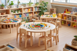 a room with a table and chairs and toys