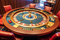 a roulette table with red chairs