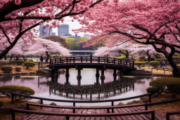 Cherry Blossoms Over a Japanese Garden Bridge