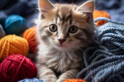 Un gato acostado sobre una manta con bolas de hilo