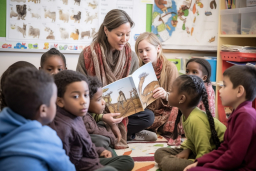 a woman reading a book to children