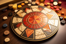 Una tabla circular con objetos de diferentes colores en una mesa