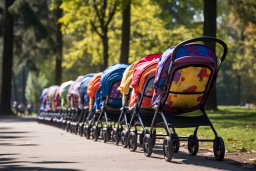 a row of baby strollers lined up