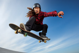 Ein Mann in einem Helm auf einem Skateboard