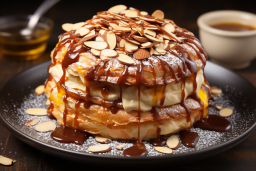 a stack of pancakes with toppings and syrup