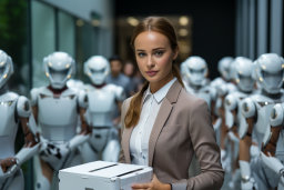 a woman holding a box in front of a group of robots