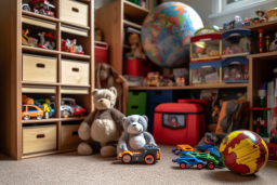 una stanza con giocattoli e scaffali