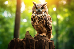 an owl standing on a tree stump