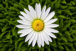 Une fleur blanche et jaune entourée de feuilles vertes