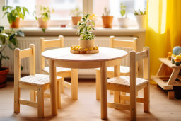 una pequeña mesa con sillas y una planta en maceta