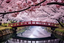 Cherry Blossoms Over a Red Bridge