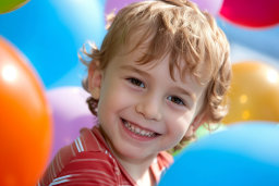 a child smiling in front of balloons