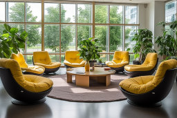 Une chambre avec des chaises jaunes et une table basse