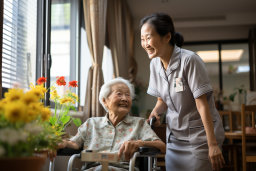 uma enfermeira sorridente empurrando uma velha em uma cadeira de rodas