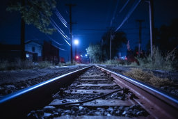 train tracks going down a street at night