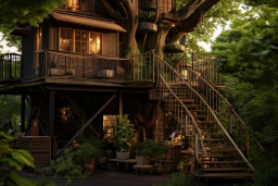 une cabane dans les arbres avec des escaliers et un balcon