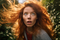 une femme aux cheveux roux et une expression surpris
