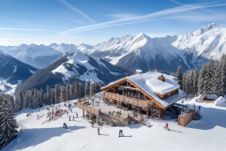un edificio con gente esquiando en la nieve