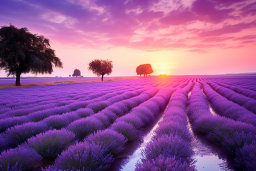 a field of lavender with trees and a sunset