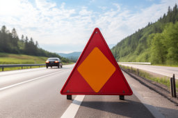 Un panneau de triangle rouge sur une route avec une voiture en arrière-plan