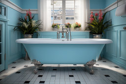 a blue bathtub with flowers in front of a window