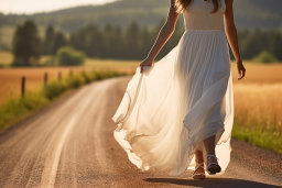 a woman in a white dress walking down a road