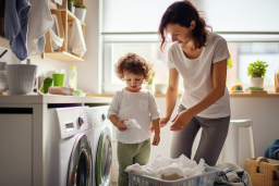 Uma mulher e criança em uma lavanderia