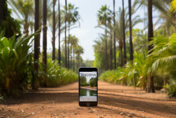 un téléphone portable sur un chemin de terre avec des palmiers