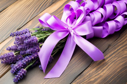 a purple ribbon tied to a bunch of flowers