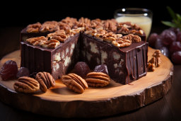a piece of chocolate cake with nuts on top