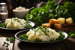 a plate of mashed potatoes and greens