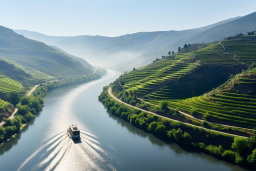 a boat on a river with green hills and hills in the background
