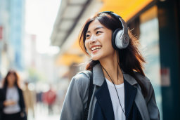a woman wearing headphones and smiling