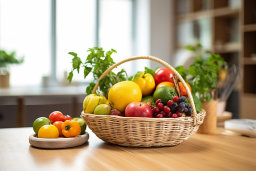 un panier de fruits et légumes sur une table