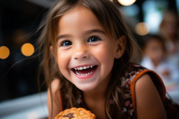 a girl smiling at a cookie