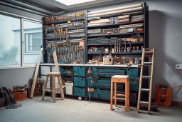 a room with a shelf full of tools