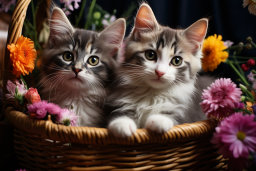 deux chats dans un panier avec des fleurs