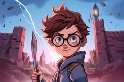 Young Hero Holding Sword Before Castle