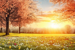 a field of flowers and trees with the sun setting