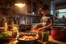 Un garçon cuisinant dans une cuisine