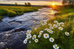 Sunset Over a Serene River with Wildflowers