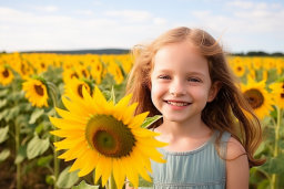 a girl smiling in a field of sunflowers