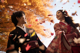 un homme et une femme dans des vêtements japonais traditionnels sous des feuilles qui tombent
