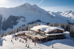 un edificio con gente esquiando sobre él