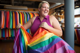 Una mujer sosteniendo una bandera del arco iris
