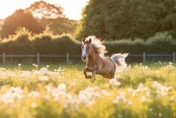 Ein Pferd, das durch ein Blumenfeld läuft